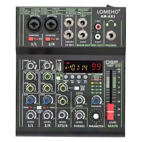 LOMEHO 4 Channel Audio Mixer Mini Portable Sound Mixing Console Bluetooth USB Play Record 99 DSP Eff