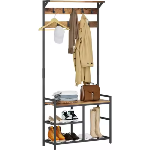 HOMEKOKO Coat Rack Shoe Bench, Hall Tree Entryway Storage Bench, Wood Look Accent Furniture with Met