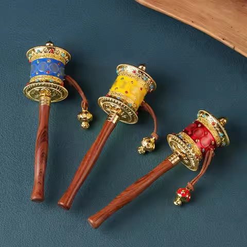 Mini hand cranked prayer wheel, Tibetan handheld six-character Mantra Sutra Wheel, Alloy craftwork, 