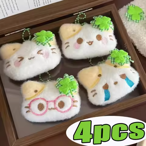 4pcs New Cartoon Cute Lucky Clover Cat Keychain Glass Crying Plush Funny Cats Bag Pendant Keyring Fa