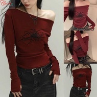 Gothic Spider Print T-Shirt Vacation Outfit Autumn Wear Grunge Crop Top
