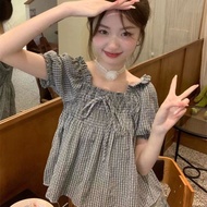 [Ready Stock] French Square Neck Puff Sleeve Checked Shirt for Women - Plus Size Unique Top 6191