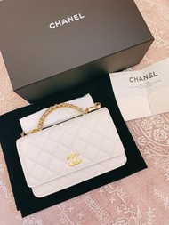 Chanel classic Wallet on chain WOC caviar calfskin leather with handle 牛皮 荔枝皮 白色 金屬手柄發財包