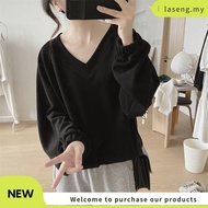 Plus Size(40-150kg) Oversize Women Long Sleeve V-neck Plus Size T Shirt Plain Loose Minimalist Tshir