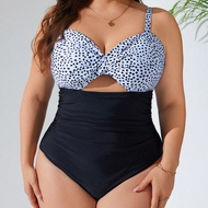 Plus Size 1-Piece White Polka Dot Print Patchwork Black Bottoms Cross Back Knot Front Vacation Style