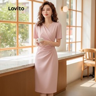 (trendy3)Lovito Women Casual Dress Plain Ruched Summer/Spring Dress L133ED1154 Lovito Pakaian Kasual