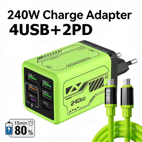 240W GaN Charger Fast Charger 6-Port USB C PD Charging Block with 240W USB C to Type-C Data Cable fo
