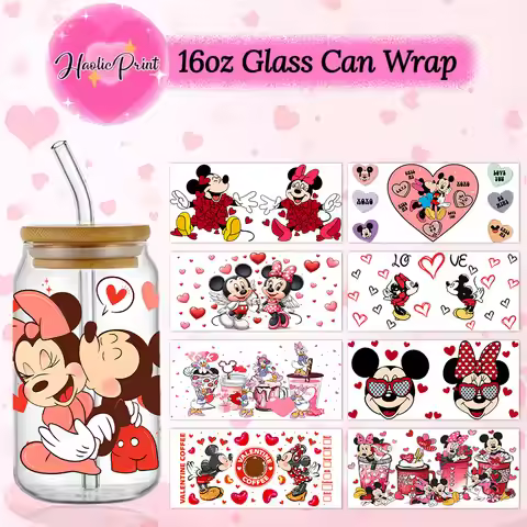 Valentine's Day Mickey 16oz Libbey Glass Can UV DTF Cup Wrap DIY Transfer 3D Sticker No Cup