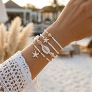 BELLA-Bee White Beaded Ocean Theme Bracelet Set 4Pcs Starfish Shell Conch Design Summer Vacation Jew