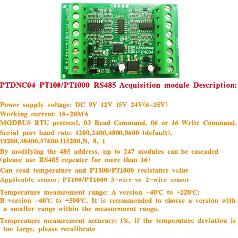 4CH -40~500C PT1000 RTD RS485 Transmitter ADC Collector Modbus PT100 Temperature Sensor Collector Mo