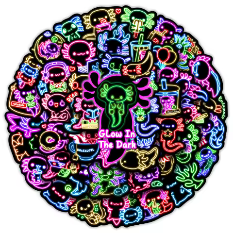 50Pcs Neon Cute Axolotl Glow in the Dark Stickers Waterproof Vinyl Decals Water Bottle Guitar Phone 