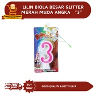 LILIN MERAH LARGE PINK GLITTER VIOLIN CANDLE NUMBER 3 - BIRTHDAY CANDLE