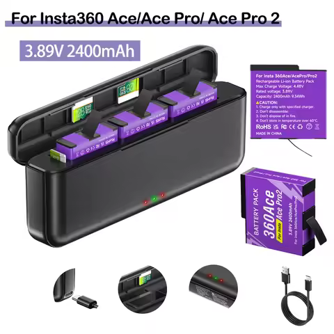 2400mAh Battery for Insta360 Ace Pro 2 Insta360 Ace Pro + 3-Slot LCD Charger for Insta360 Ace Insta 