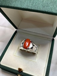天然男士紅珊瑚戒指 925 純銀手工戒指 高品質珊瑚