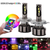 Niscarda 2Pcs 80W DC12V-32V H4 H1 H3 H7 H8 H11 9005 9006 80W Car LED RGB Headlight Kit Phone APP Blu