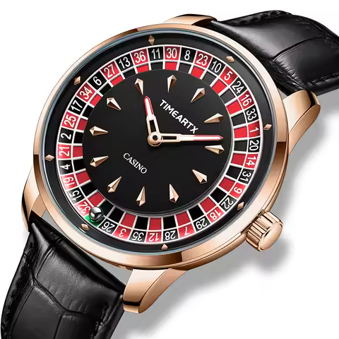 TIMEARTX Men's Trendy Watch European Roulette Poker Game Style Quartz Movement Genuine Leather Luxur