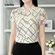 Lovito Blus Elegan Komuter Santai Tekstur Aprikot Musim Bunga/Panas untuk Wanita LK6ED603
