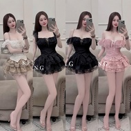 Very pretty off-the-shoulder lace top with layered knit top and layered flared skirt