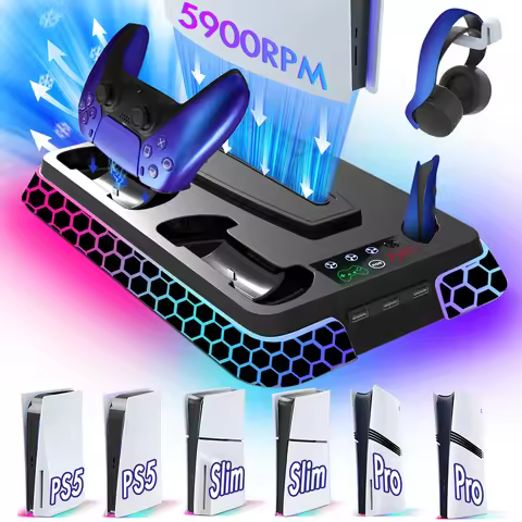All-in-One Cooling Stand Base for PS5/PS5 Slim/PS5 Pro Model: YH66S with RGB Lighting Effects, Stora