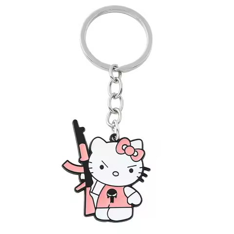 Cool Girl Fun Hello Kitty Pink Kitten Keychain Kawaii Anime Character Keychain Ak 47 Kitten Metal Pe