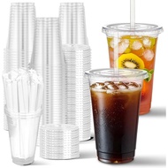 Charmount 100 Sets- 20 oz Clear Plastic Cups with Lids and Straws, Disposable To Go Cups for Cold Dr