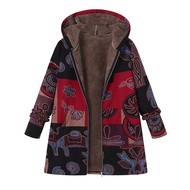 Women Winter Coat Retro Floral Print Hooded Thick Plush Zip-up Heat Retention Long Sleeves Mid Lengt