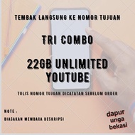 voucher paket data tri 22 gb + unlimited youtube / kuota internet tri