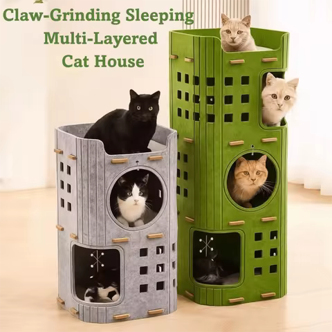 Japanese Style 2 Floors/3 Floors Cat House All-in-one with Holes Cat Castle House Cylindrical Green