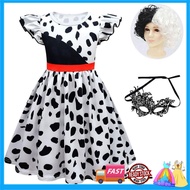 Cruella De Vil Costume For Kids Girl Evil Black White Dress Mask Bag Wig Halloween Party Cosplay Clo