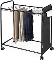 Pants Hangers Space Saving Pant Organizer for Closet Hangers for Pants Rolling Pants Racks for Hanging Jeans Pants Rack with 20 Hangers and Side Bag Pants Trolley for Dress Jeans Skirts, Black