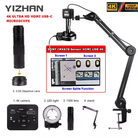 Yizhan HD 1080P 4K Digital Mircoscope HD HDMI USB VGA Mircoscope C-Mount Camera 2K 1-150X Zooms 0.5X