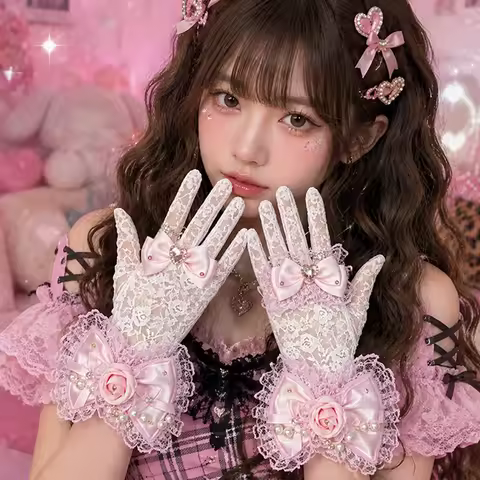 Women's Bow Lace Lolita Gloves With 2 Rings, Rose Pearl Sweet Princess Girls Gyaru Gloves Anime Part