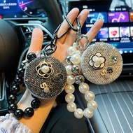 Korean Version Diamond-Studded Chanel-Style Folding Mirror Keychain Creative Beaded Portable Car Key