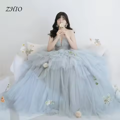 ZHIO Fairy Sky Blue Wedding Dress Sweetheart Draped Sweep Train Ball Gown Korea Photo Shoot Bridal R