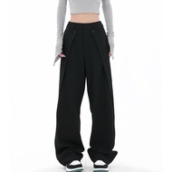 Long pleated pants with diagonal waistband flatter your figure. High-waisted personality loose pants
