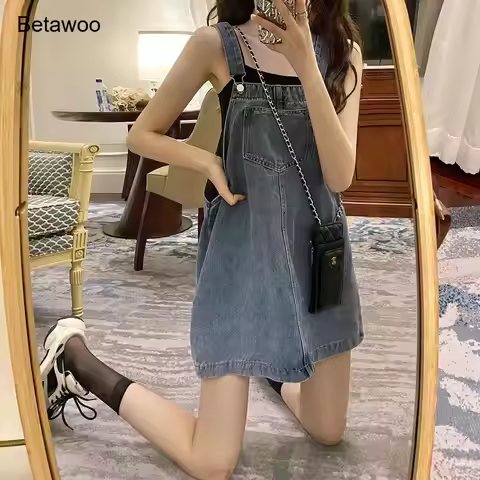 Women Denim Overall Mini Dress Sleeveless Loose Fit Casual A Line Jean Pinafore Dress with Pockets