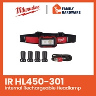 MILWAUKEE IR HL450-301 Internal Rechargeable Headlamp 450 Lumens Water & Dust Protected IRHL450-301 