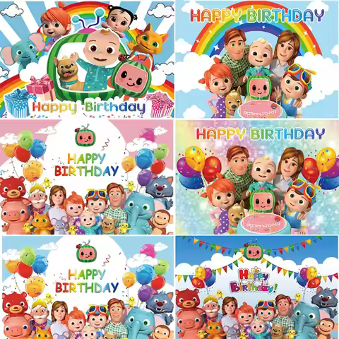 7 Styles Cocomelon JJ Birthday Backdrop, Rainbow Cartoon Family Photo Background Banner, Kids Happy 
