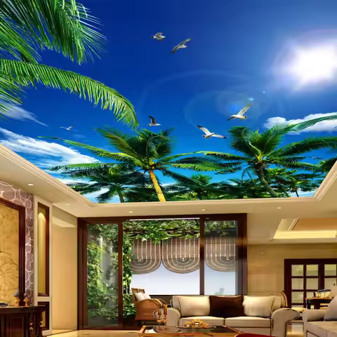 Custom 3D Photo Wallpaper Blue Sky And White Clouds Coconut Trees Seagull Bedroom Living Room Ceilin
