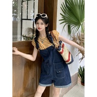 Japanese Korean Fashion Design Denim Jumpsuit Shorts Women Korean Version Age-Reducing Loose Wide-Leg Overalls