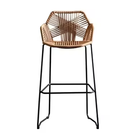 Modern Wrought Iron Bar Chairs High Stools for Kitchen Nordic Bar Furniture PP Rattan Back Home Cafe