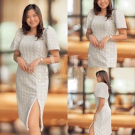 Square Neck Filipiniana Dress in color Nude Off White- Via
