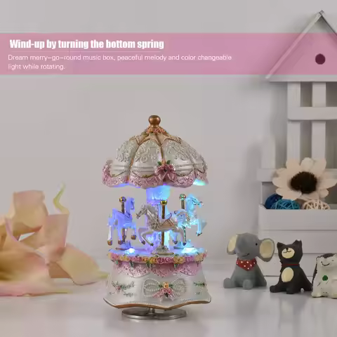 Luxury Dream 3-Horse Rotating Carousel Merry-go-round Windup Music Carousel with Colorful Color Chan