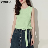 VONDA เสื้อเสื้อกล้ามแขนกุดเสื้อยืดคอกลมลำลองผู้หญิงเสื้อกั๊กสีทึบมีสายรัดอเนกประสงค์ (ลำลองเกาหลี)