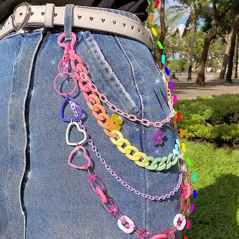 ✰✪Acrylic Layered Pants Jean Chain Heart/Flowers Pendant Rainbow Resin Trousers Chains Wallet Chains