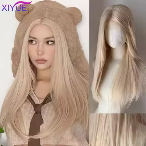Blonde Platinum Golden Synthetic Wigs Lace Frontal Wig With Bang Long Natural Straight Hair Wig for 