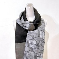純手作/日本古董布幾何黑色織紋灰色撞色典雅氣質毛料圍巾披肩