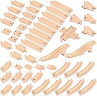 Leyndo 52 Pcs Wooden Train Track Set Train Track Expansion Pack Toy Railway Wooden Train Track Pieces for Expansion Compatible with All Major Brands