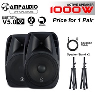 AmpAudio 15 Inch Active Speaker 1000W Active Speaker with Bluetooth Speaker Stand - pair
