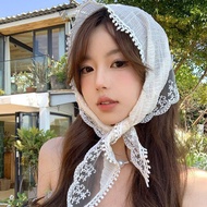 Korean Womens Headscarf Retro Decorative Scarf Tudung Ribbon Lace Triangle Scarf Bandana